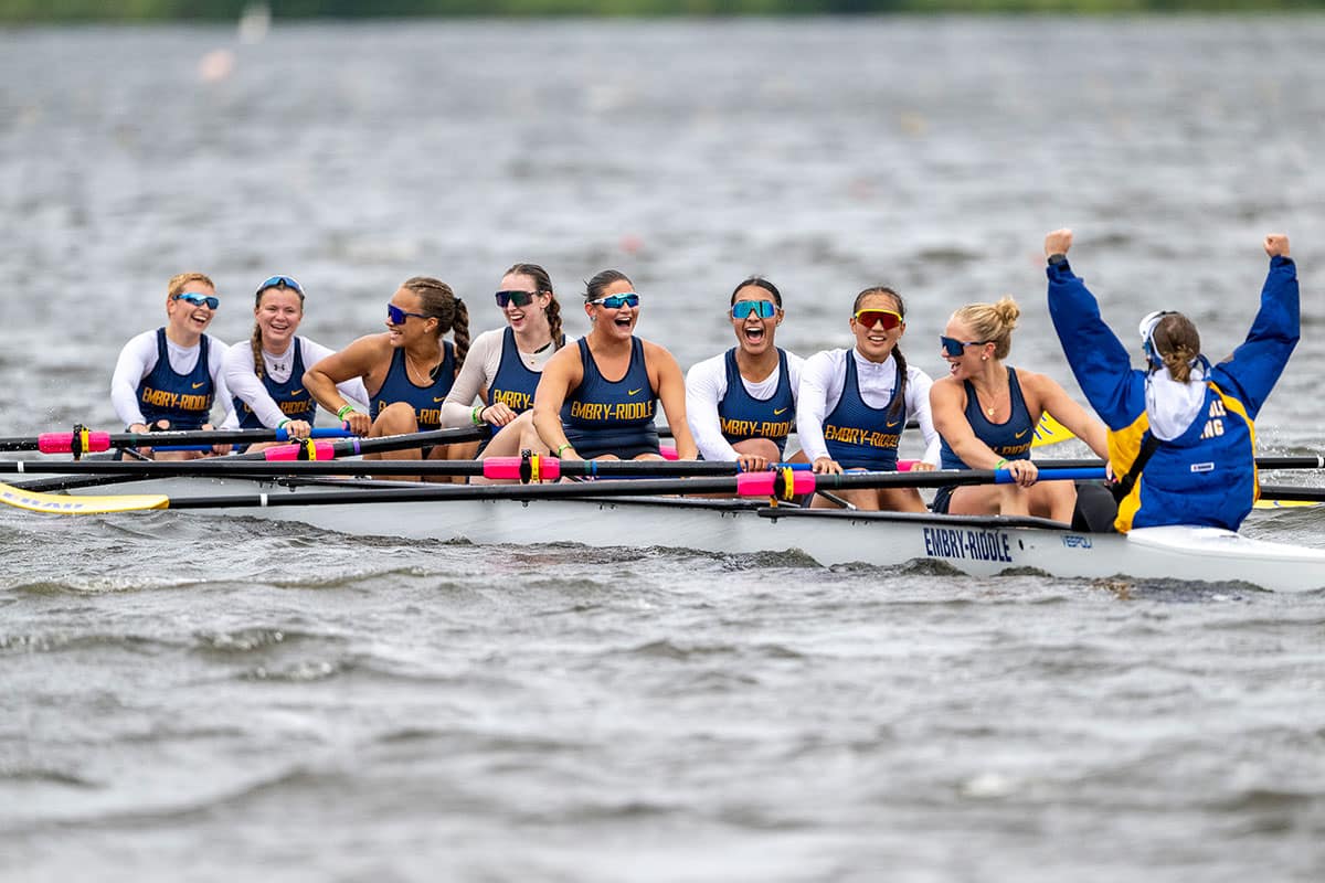 Embry-Riddle’s eight boat celebrates after winning the Division II Women’s Rowing Championship