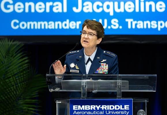 U.S. Air Force General Jacqueline D. Van Ovost served as the keynote speaker at Embry-Riddle’s Worldwide Campus commencement, Saturday, April 29, 2023, at the ICI Center. 