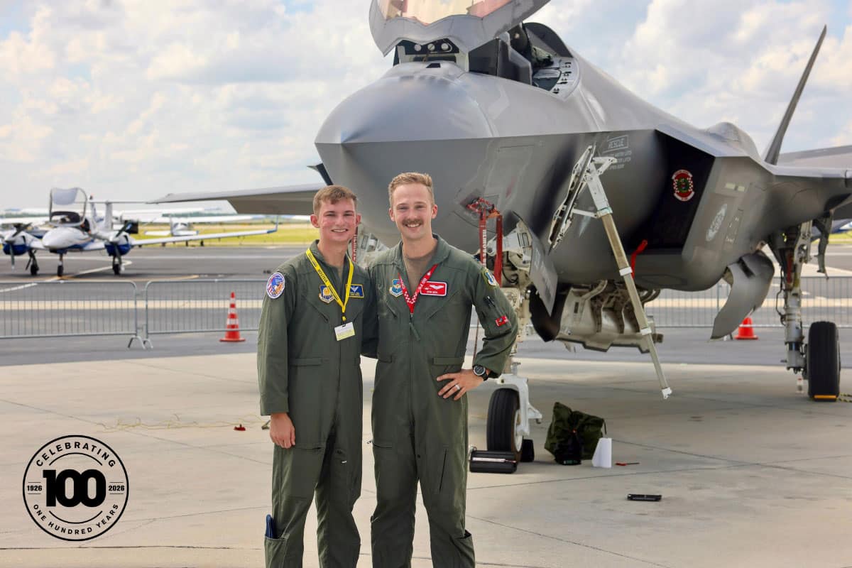 In 2024, F-35 pilot Capt. Ian Mehl (right) returned to Embry-Riddle’s Daytona Beach Campus, where he had once been a student and where his younger brother David was currently an Eagle. Capt. Mehl, pictured here with his brother (left), piloted one of two F-35s from Eglin Air Force Base that performed flyovers and conducted a static display, giving students an up-close look at the jets.
