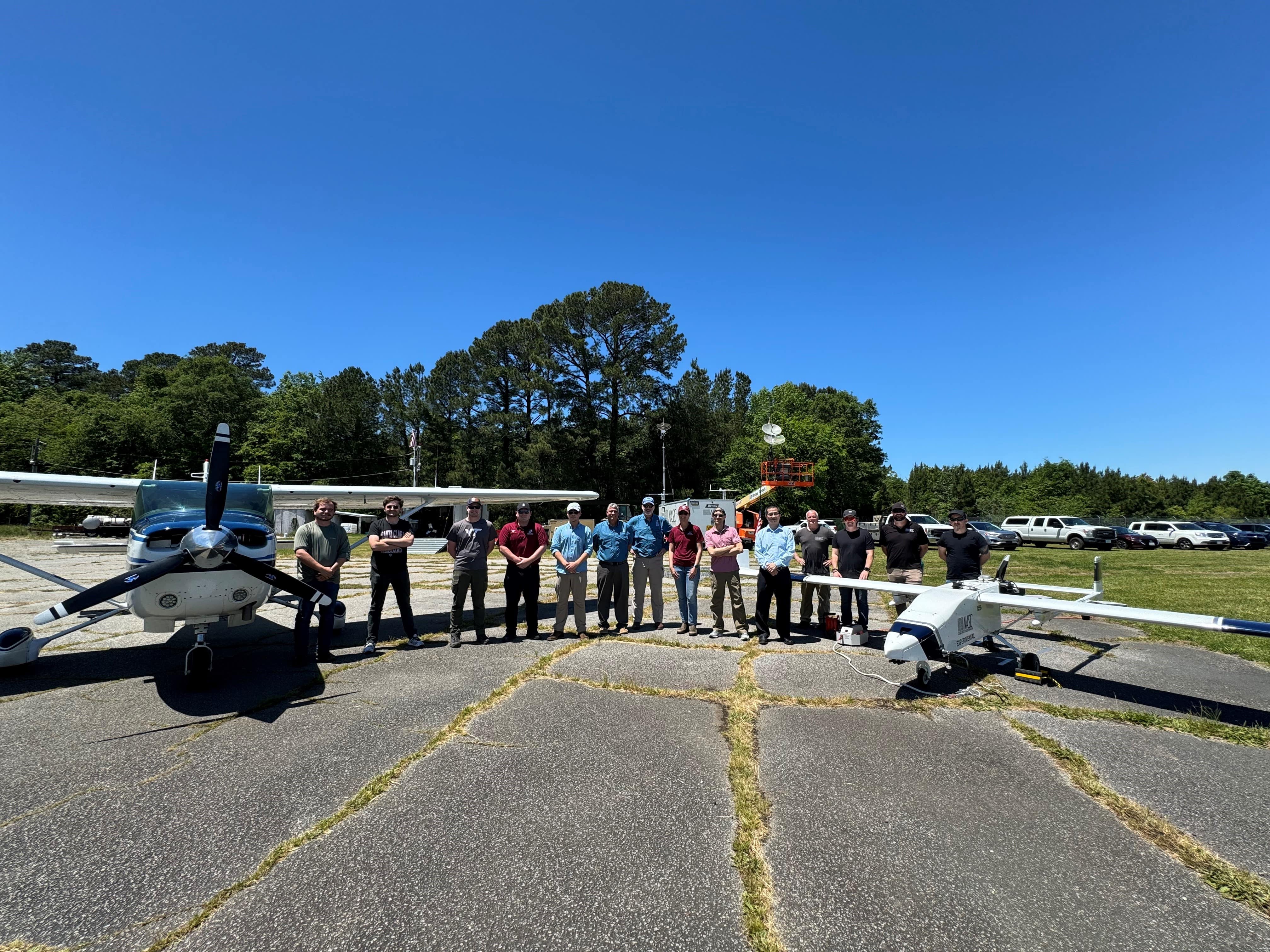 The LUCE team prepares the Navmar Applied Sciences Corporation’s Tigershark and a Cessna chase plane at Accomack County Airport in Virginia.
