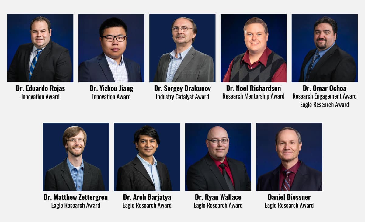 Top row (left to right): Dr. Eduardo Rojas, Dr. Yizhou Jiang, Dr. Sergey Drakunov, Dr. Noel Richardson and Dr. Omar Ochoa; Bottom row (left to right): Dr. Matthew Zettergren, Dr. Aroh Barjatya, Dr. Ryan Wallace and Daniel Diessner