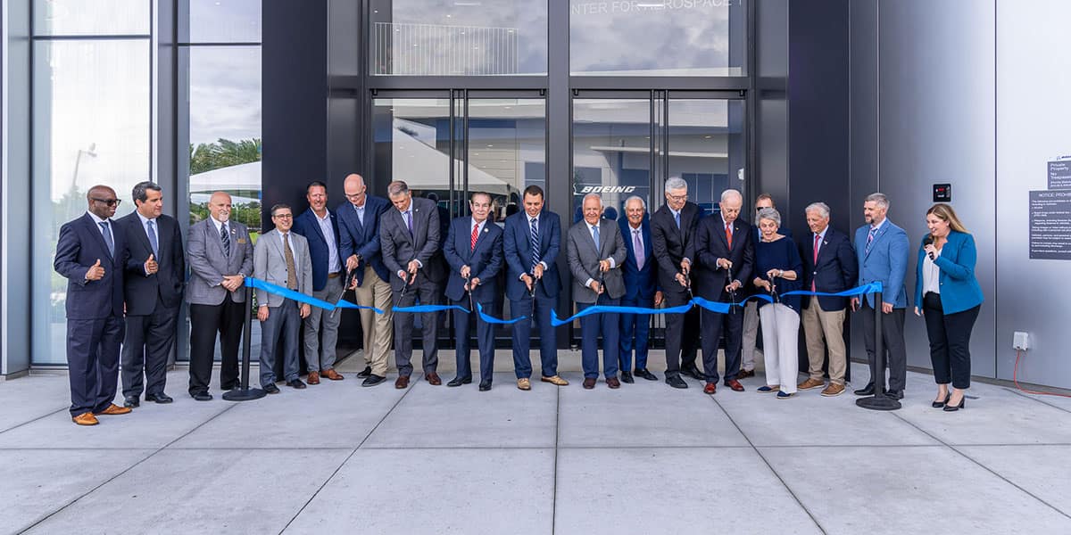 A ribbon-cutting ceremony was held to celebrate the opening of the new Boeing Engineering Center in the Cici & Hyatt Brown Center for Aerospace Technology at Embry‑Riddle’s Research Park.