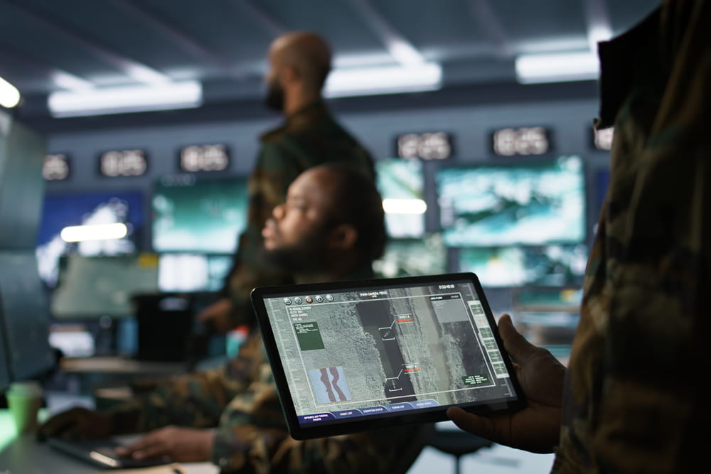 Army professionals look at satelite information and employ AI tech to improve military combat systems and missiles monitoring