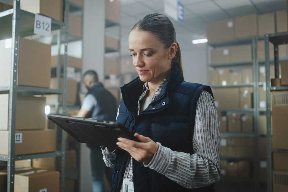 Inventory Manager in a warehouse facility surrounded by cardboard boxes uses tablet