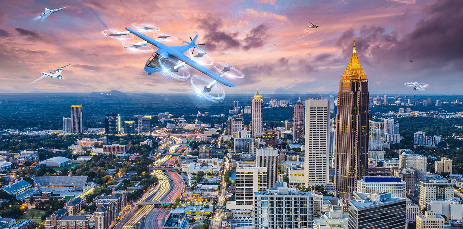 Rendering of personal air taxi flying over city.