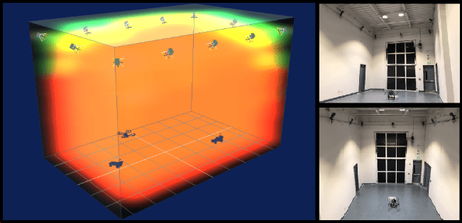 A heatmap image and interior images of the Vicon room