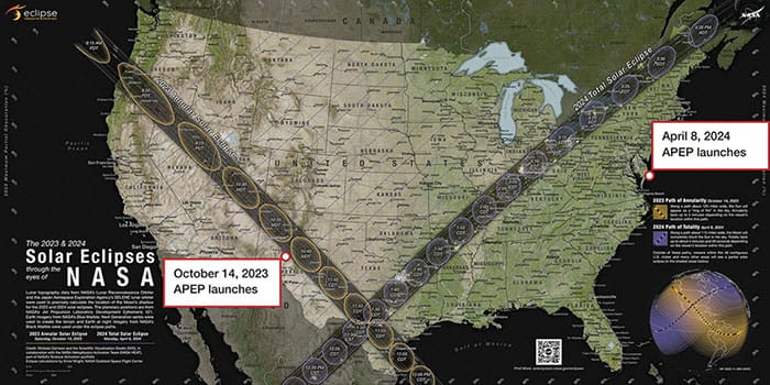 A map showing the paths of upcoming eclipses with the launch locations of White Sands Missile Range and Wallops Flight Facility pin-pointed.