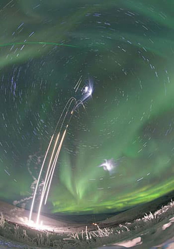 A composite shot of all four rockets experiments