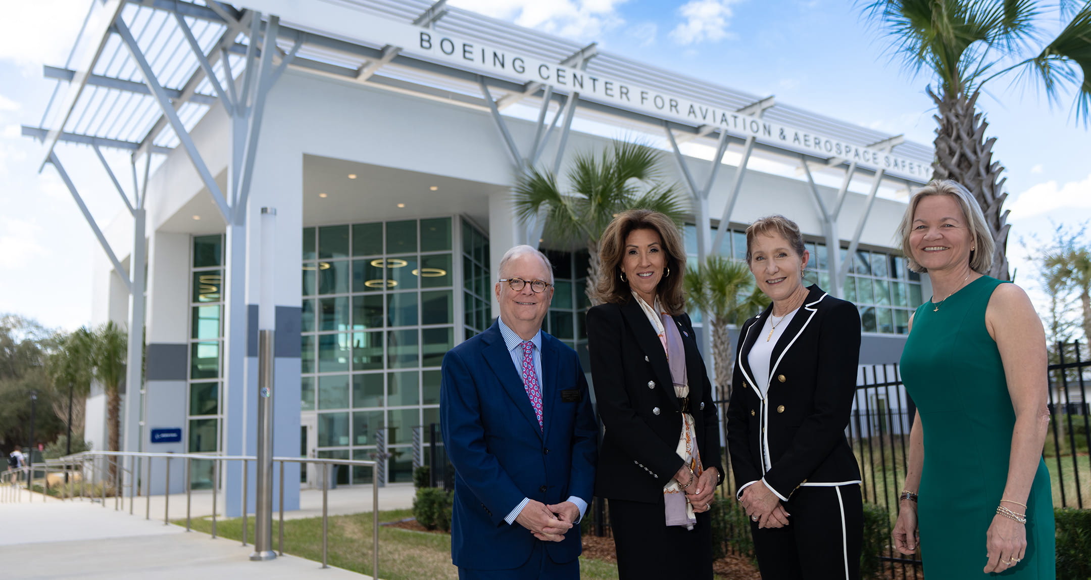 Robert Sumwalt, Capt. Tammie Jo Shults, Maj. Gen. Jeannie Leavitt USAF (ret.) and Kristy Kiernan, Ph.D., ATP, RPC, in front of the Boeing Center for Aviation and Aerospace Safety