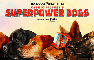 Three dogs on a poster for the movie Superpower Dogs