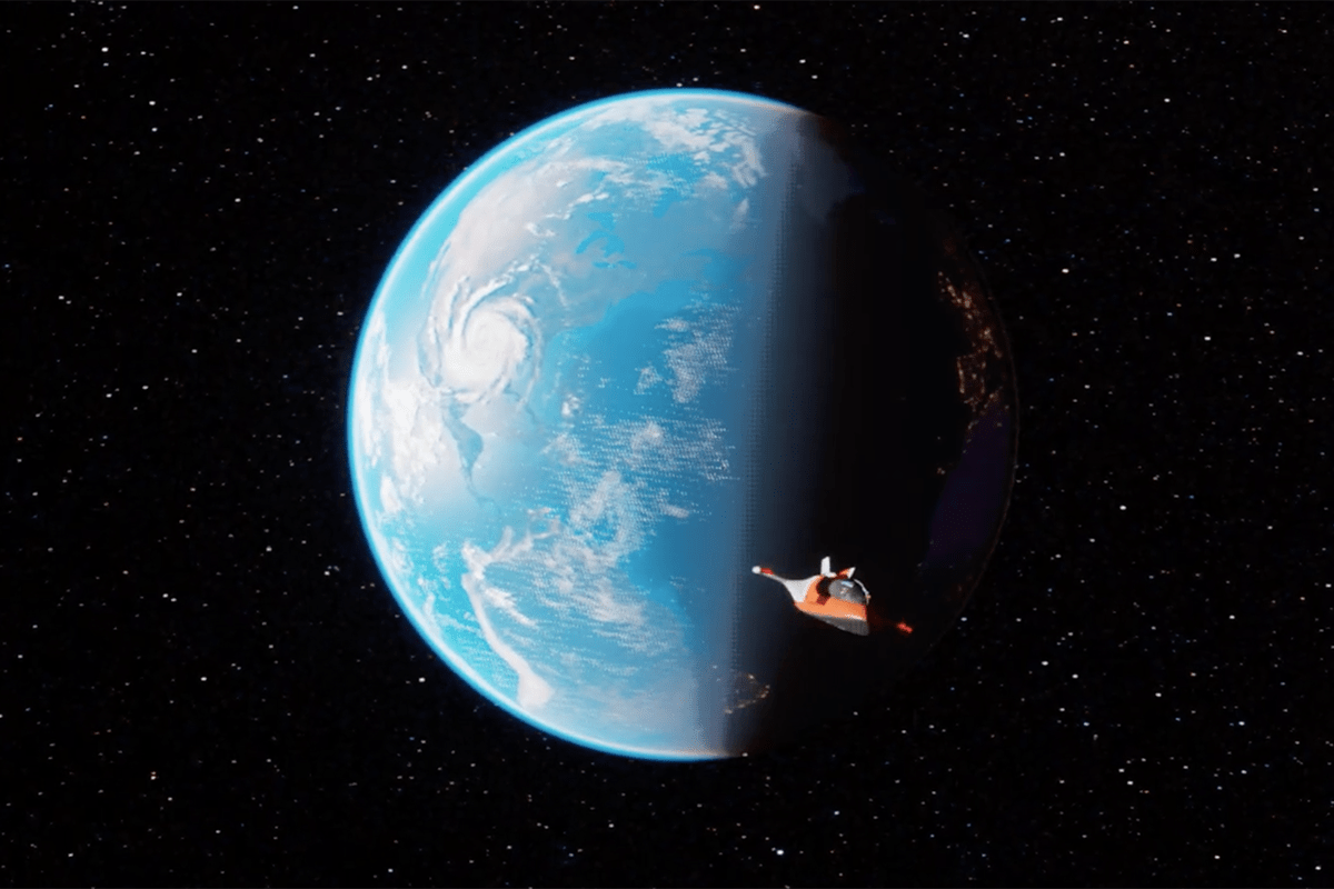 A spaceship flying away from a planet