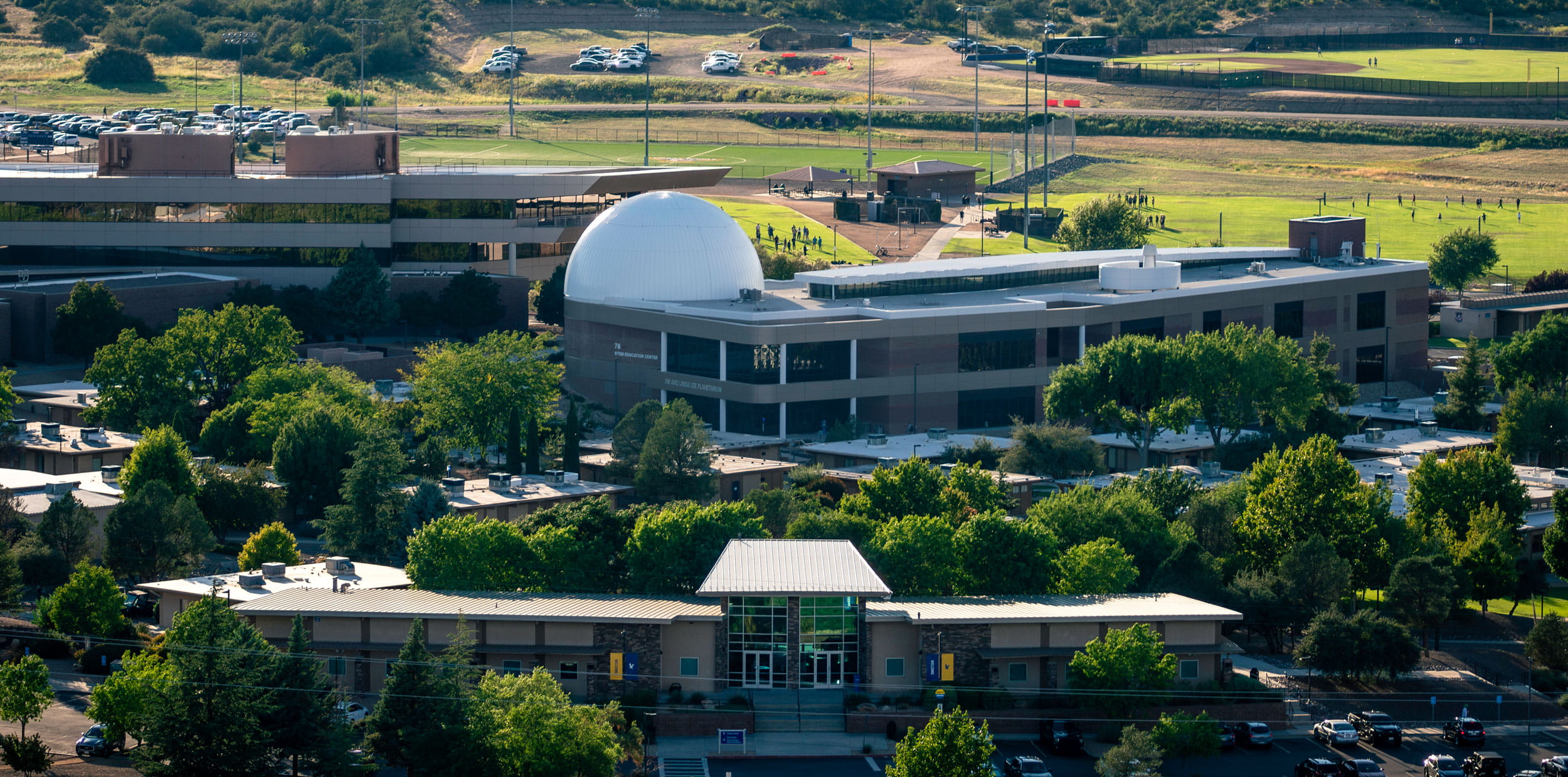 Aerial shot of the Jim and Linda Lee Planetarium at the Prescott Campus.