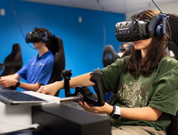 Two people using virtual reality flight simulators.