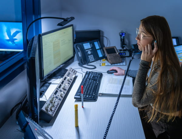 A person talking on the phone, sitting at a computer desk.