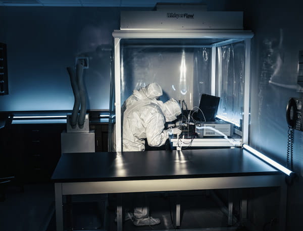 Two people working on a equipment in a laboratory setting.