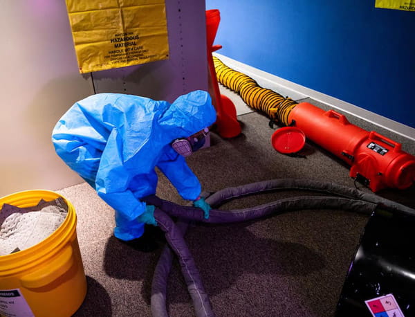 A person wearing safety equipment bending over a pipe.