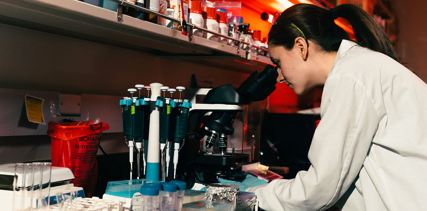 A student in a lab coat looks through a microscope