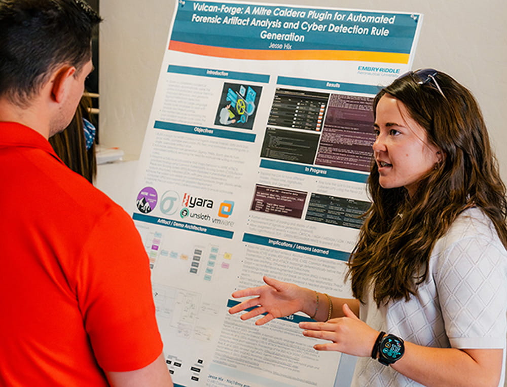 Student presents their research poster