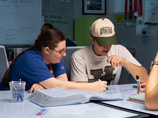 Two students reviewing notes together at a table, with one pointing at a notebook while the other looks on.