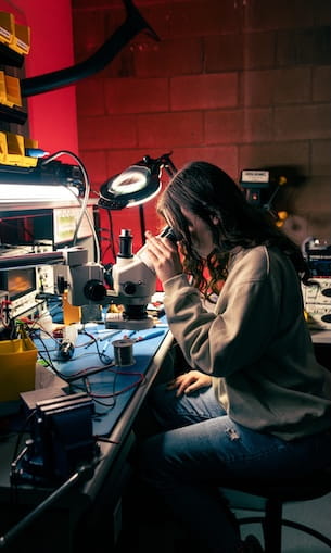 Student examines a component under a stereo microscope at an electronics workbench with task lighting, soldering tools, wiring, and test equipment in a laboratory setting.
