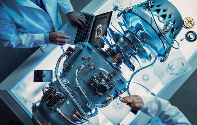 Overhead view of people in lab coats examining a turbine engine assembly with exposed compressor stages, wiring harnesses, and instrumentation ports while referencing CAD models on a laptop at a backlit engineering workstation.