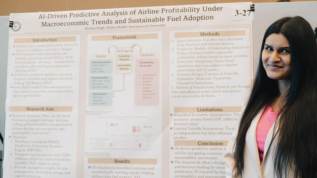 Woman stands with AI project at event.