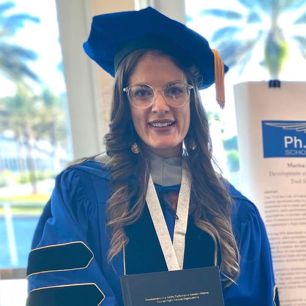 Double alumna Marisa Aguiar recently earned her Ph.D. in Aviation to go along with her M.S. in Aeronautics.