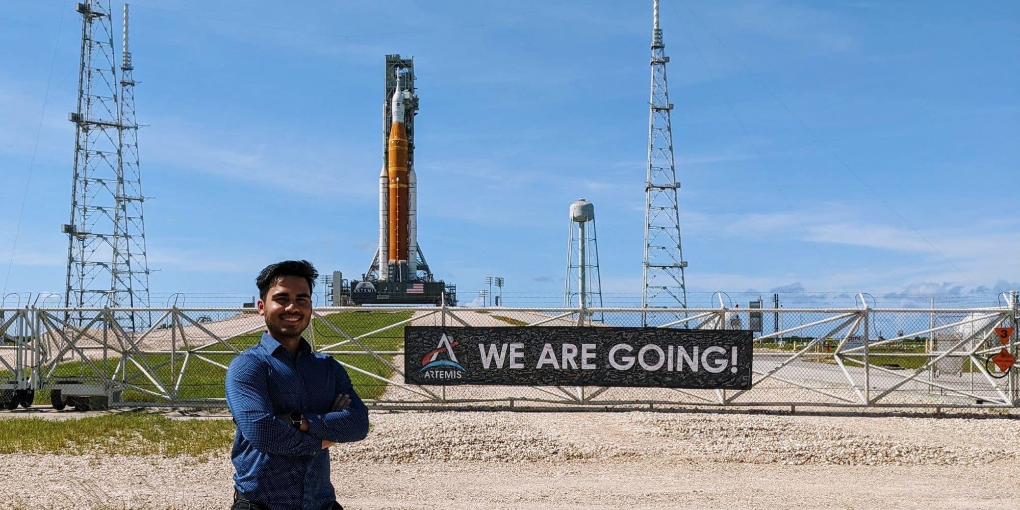 Samir Ahmed ('23) standing in front of the launch pad at Cape Canaveral. (Photo: Samir Ahmed)