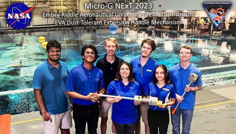 Embry-Riddle's Micro Gravity Club at NASA’s Johnson Space Center, ready to test their handle mechanism. (Photo: Catie Alfonzo-Jenner / NASA)