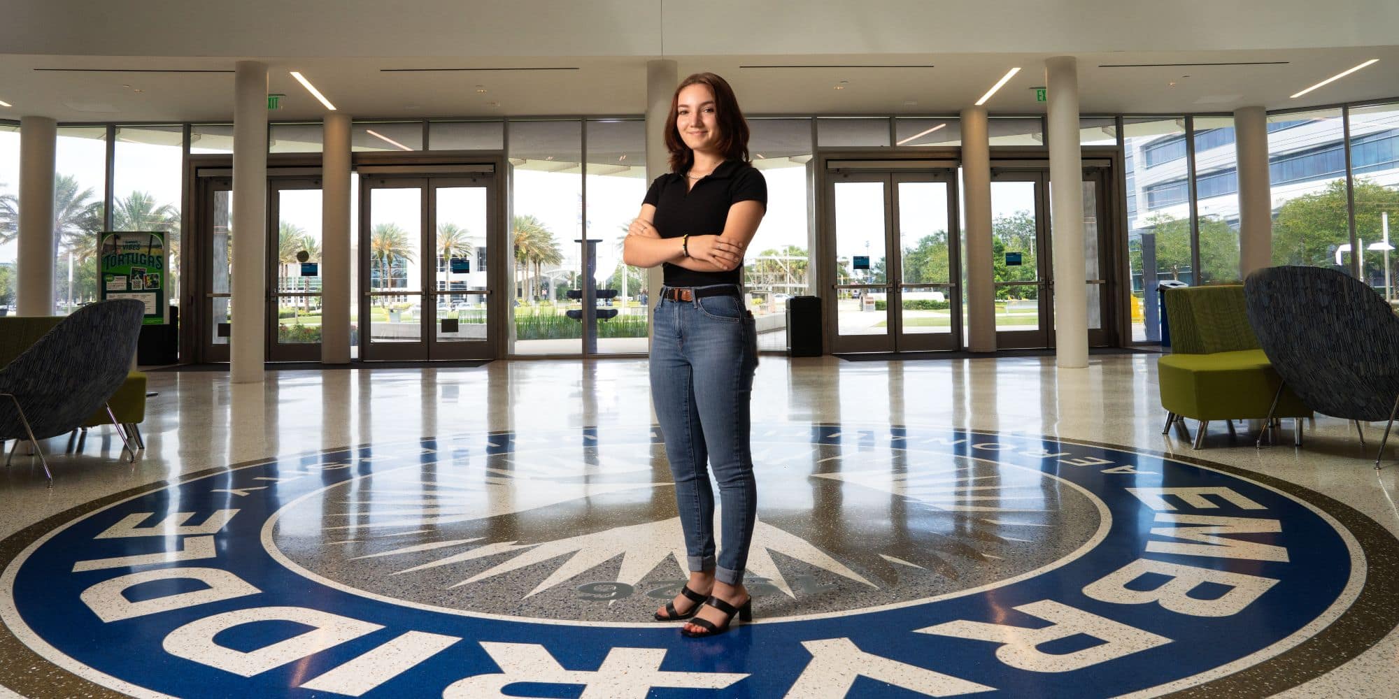 Catie Alfonzo-Jenner in the Mori Hosseini Student Union on Embry-Riddle's Daytona Beach Campus. (Photo: Embry-Riddle / Bill Fredette-Huffman)
