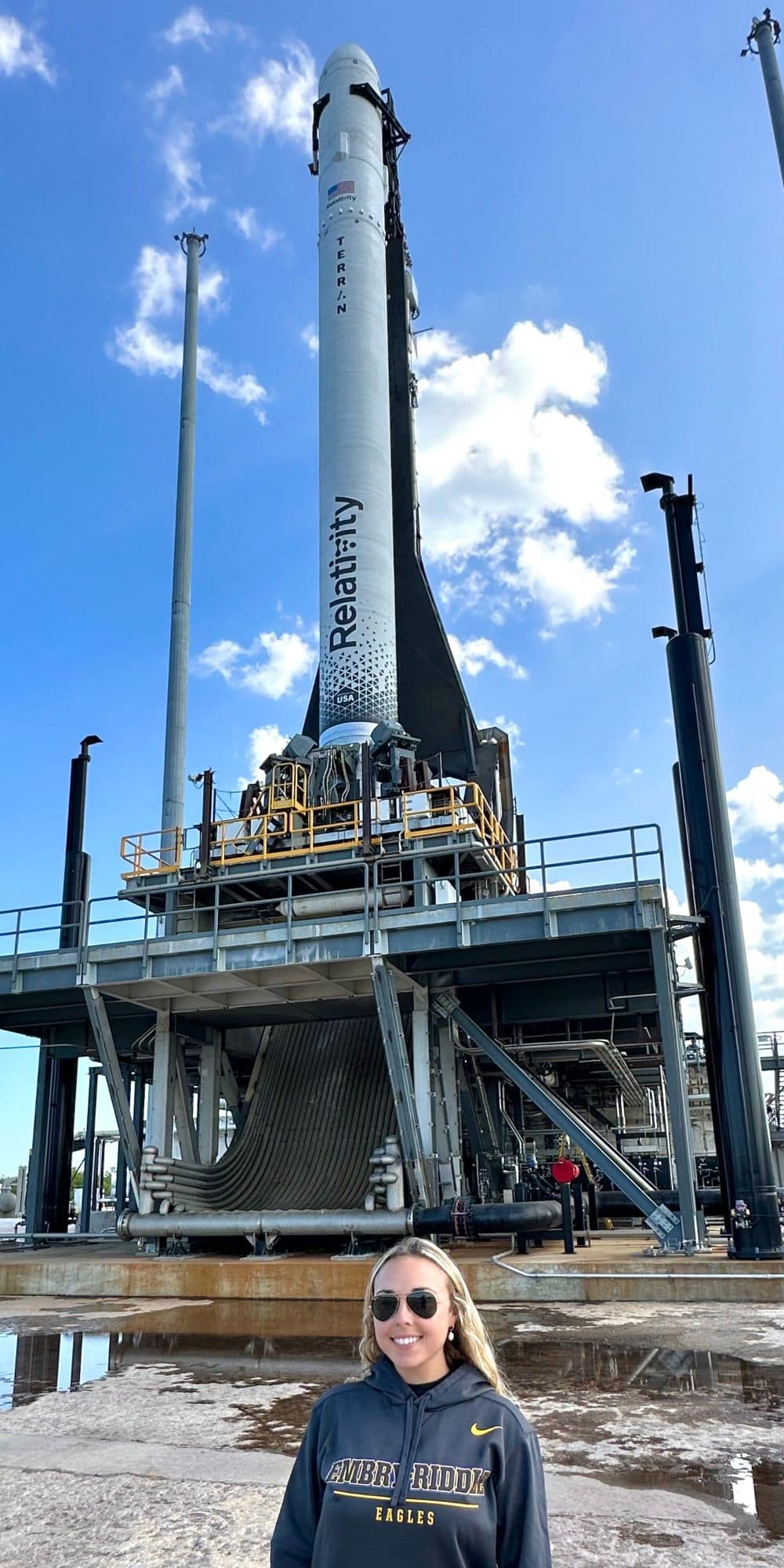 Kirsten Bauernschmidt with Terran 1, the world’s first 3-D printed rocket. (Photo: Relativity Space / Kirsten Bauernschmidt)