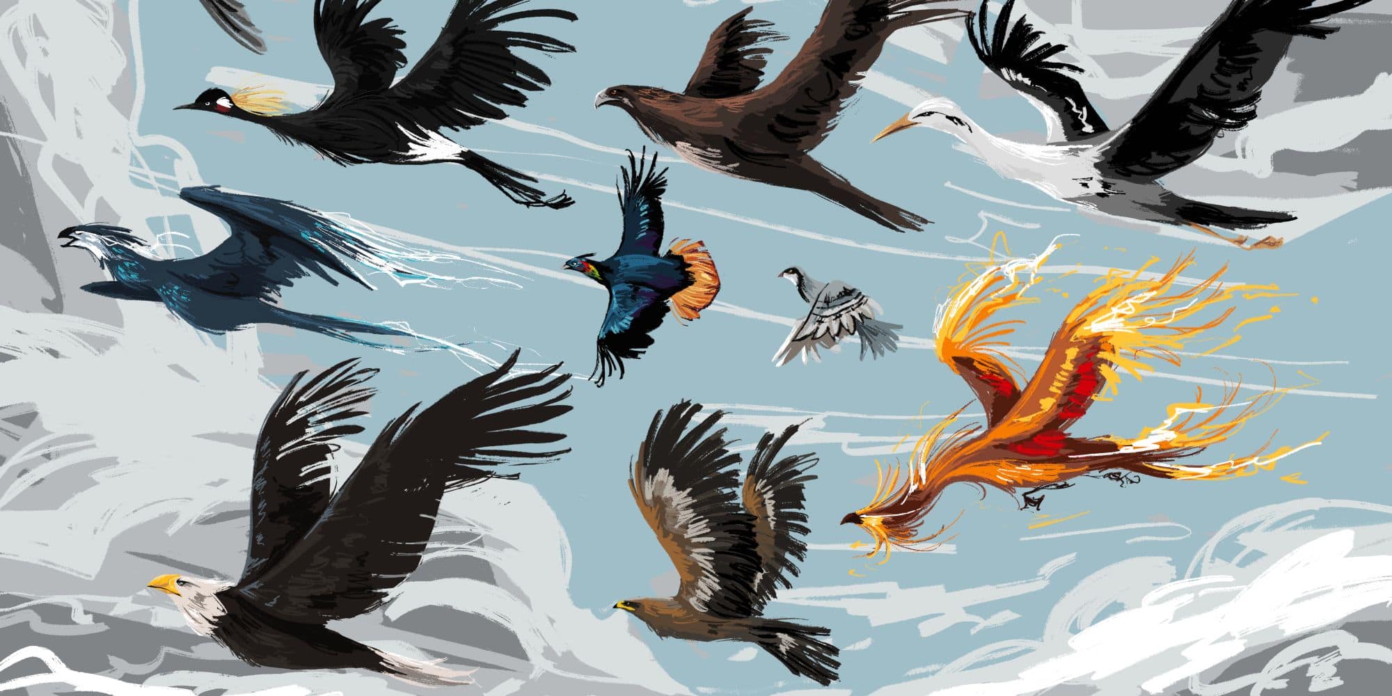 Artwork of birds flying in the sky by student and artist Bella Memeo