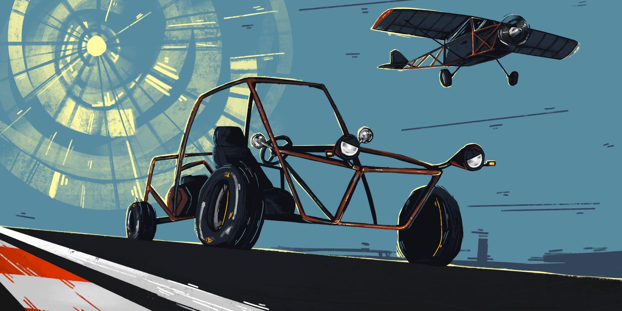 Artwork of a car frame driving beside a flying airplane by student and artist Bella Memeo