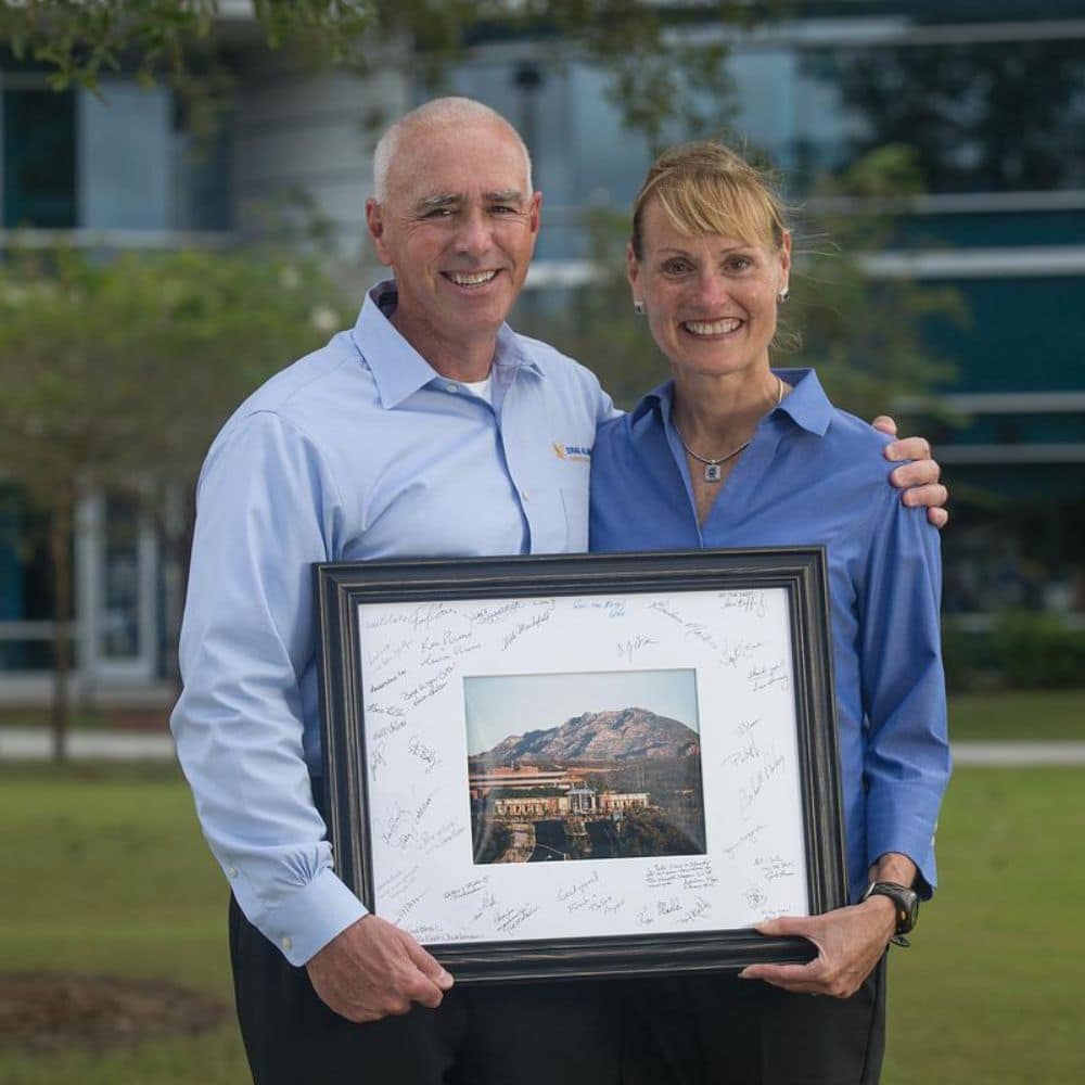 Dr. Sally Blomstrom with her husband and colleague Bill Thompson on the Daytona Campus. (Embry-Riddle/David Massey)
