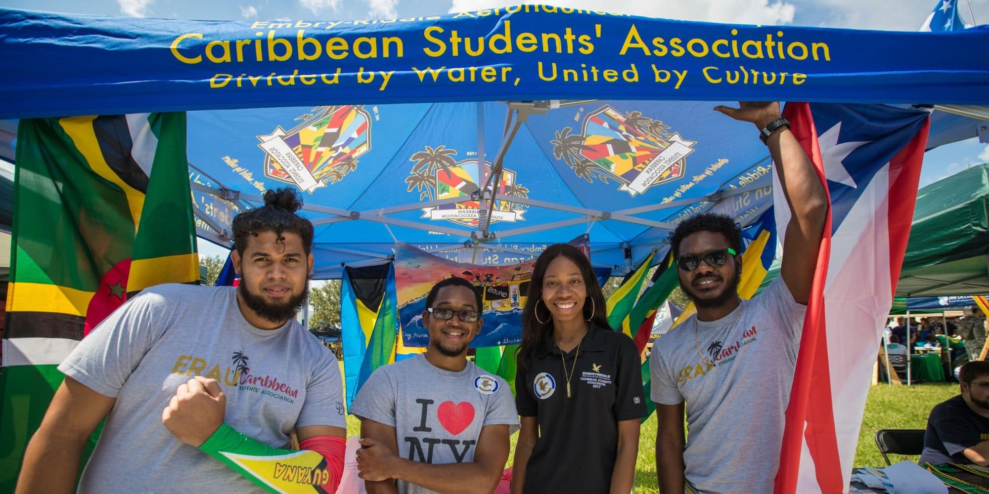 Students from the Caribbean Students’ Association pose during the Activities Fair on the Daytona Beach Campus. (Embry-Riddle / David Massey)