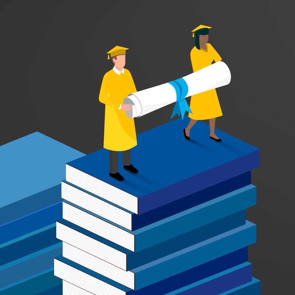 Graduates standing on stacked books holding a diploma