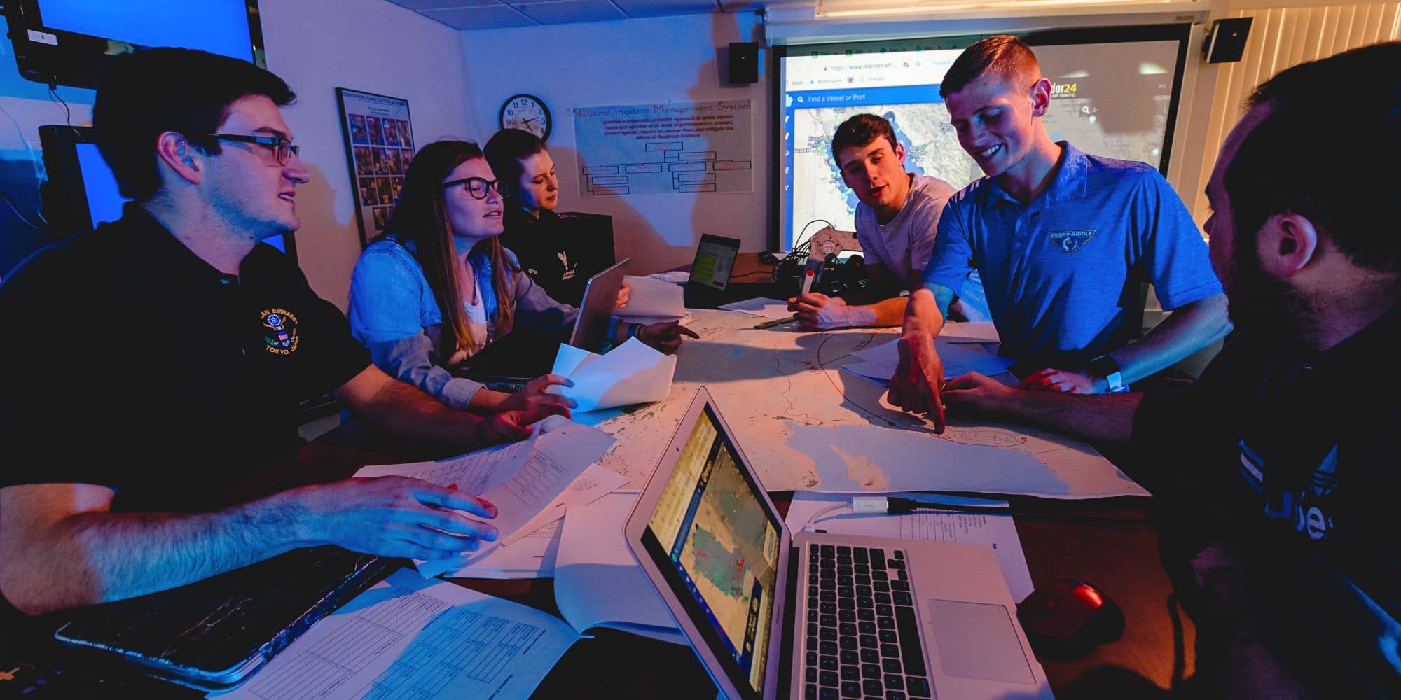 he Global Security Operations Center (GSOC) is housed in the Glen A. Doherty Center for Security and Intelligence and functions as a “situation room” where students run simulated conflict scenarios. (Photo: Embry-Riddle / Connor McShane)