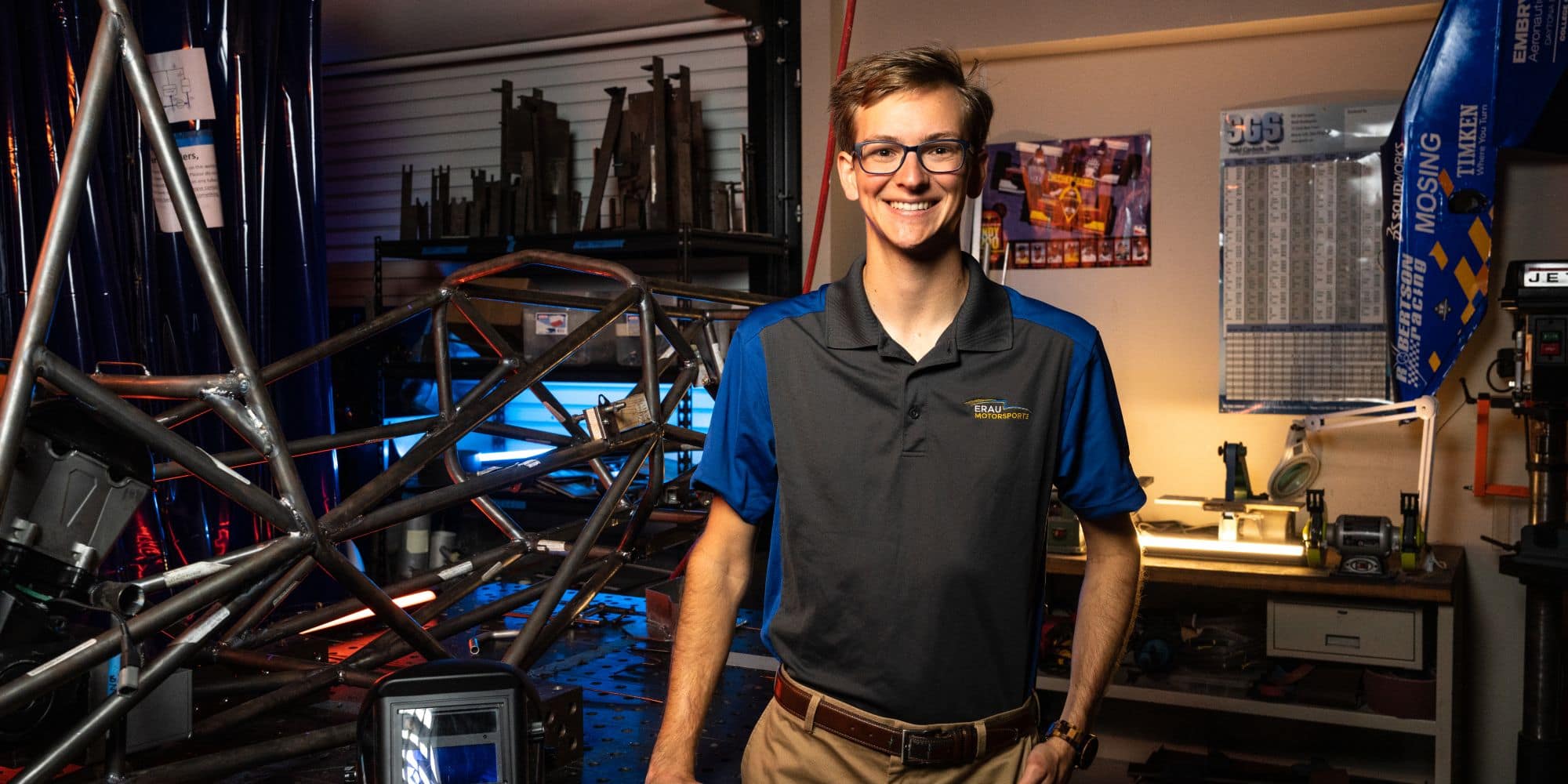 Matthew Jolliffe in the Formula One SAE Lab on Embry-Riddle's Daytona Beach Campus. (Photo: Embry-Riddle / Bill Fredette-Huffman)
