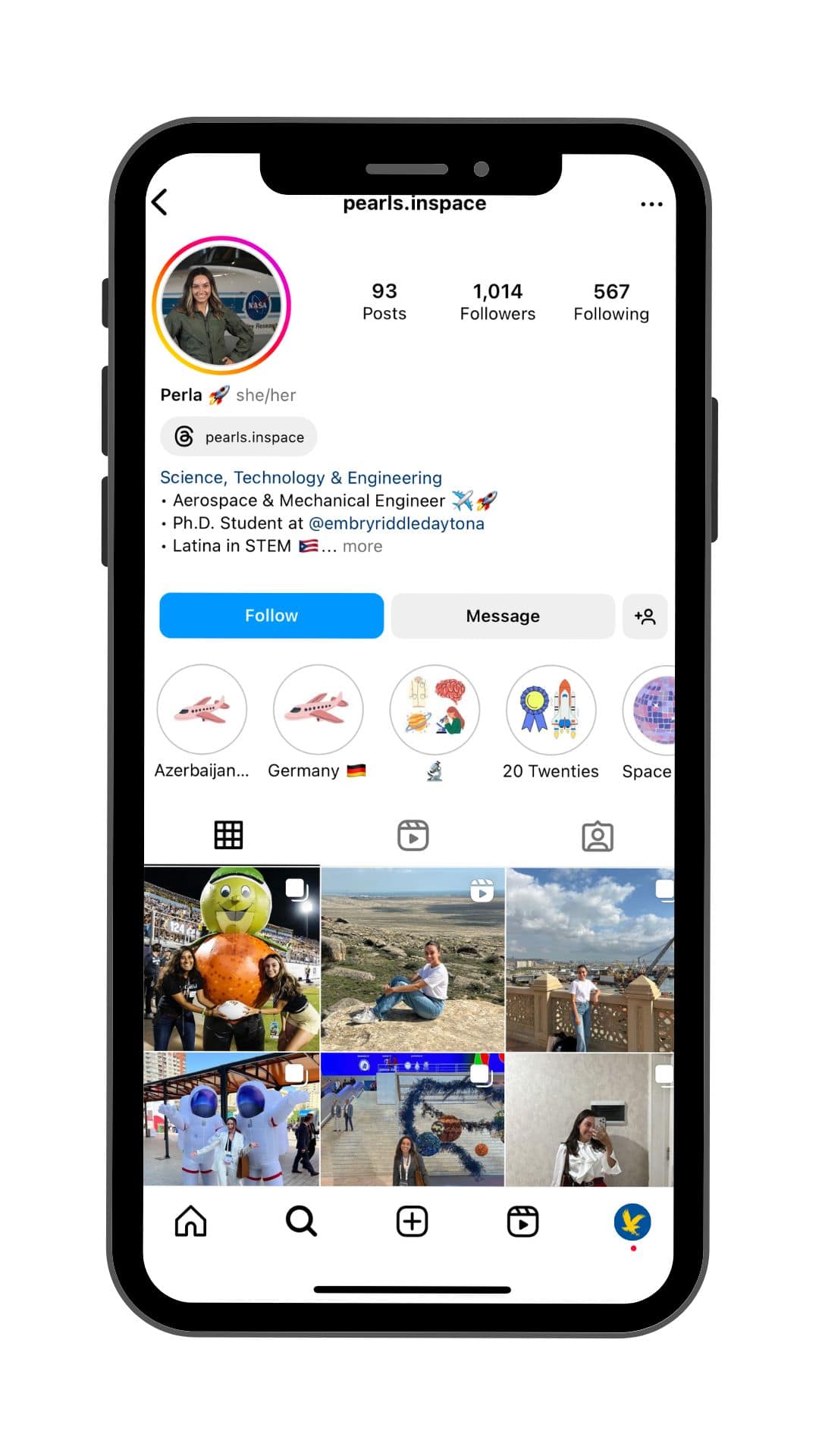 Mobile phone with Perla Latorre-Suarez's Instagram profile onscreen.