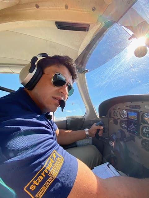 Bachelor of Science in Aeronautics graduate Juan Andres Mesa Sanchez at the controls of an aircraft. (Photo: Juan Andres Mesa Sanchez)