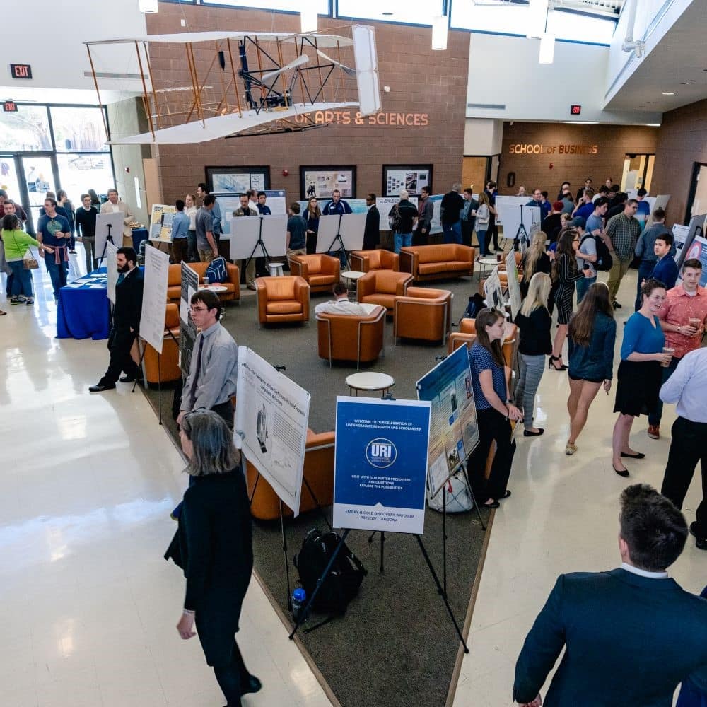 Students gather to present their research during Discovery Day, a celebration of undergraduate research and scholarship from aviation to engineering, security and intelligence to physics and astronomy. (Photo: Embry-Riddle / Connor McShane)