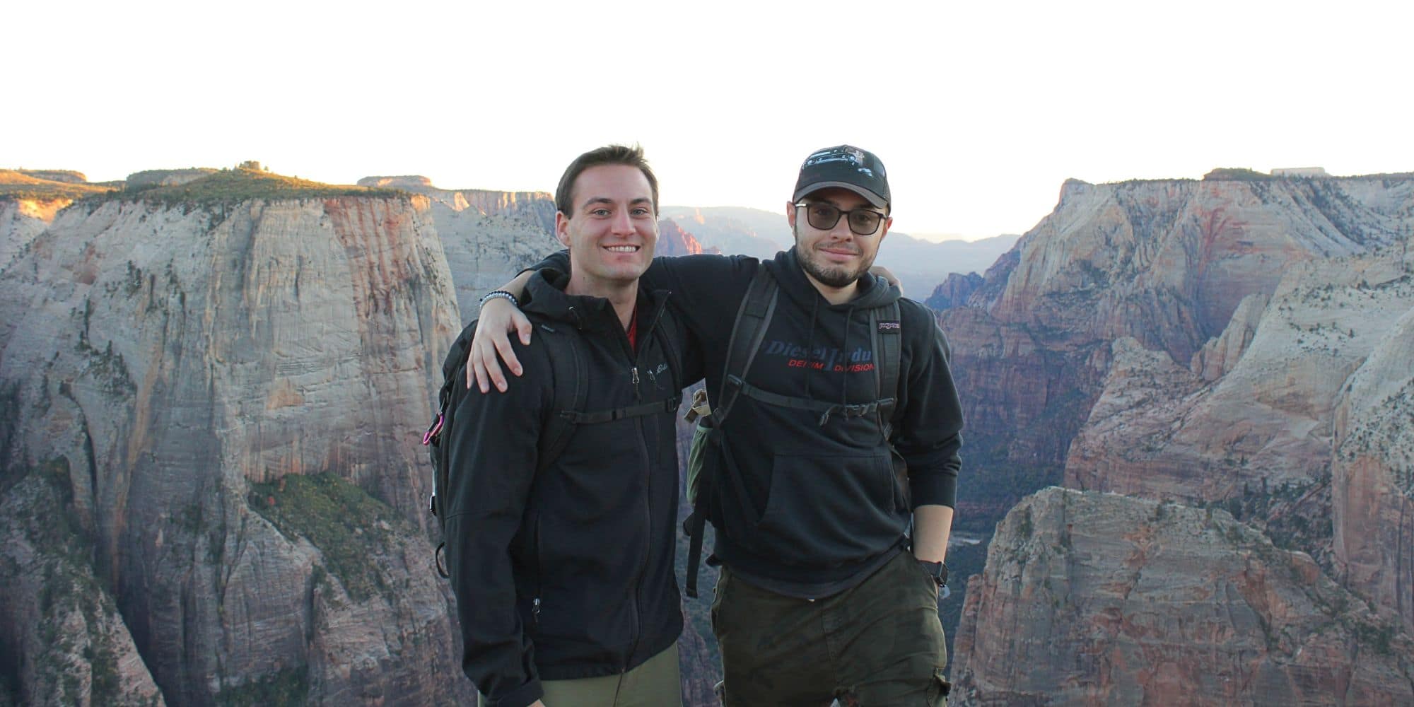 B.S. in Aerospace Engineering major Tanner Whitney enjoys the outdoor setting of the Prescott, Arizona campus and enjoys a hike with his fellow student Natale Cannas.