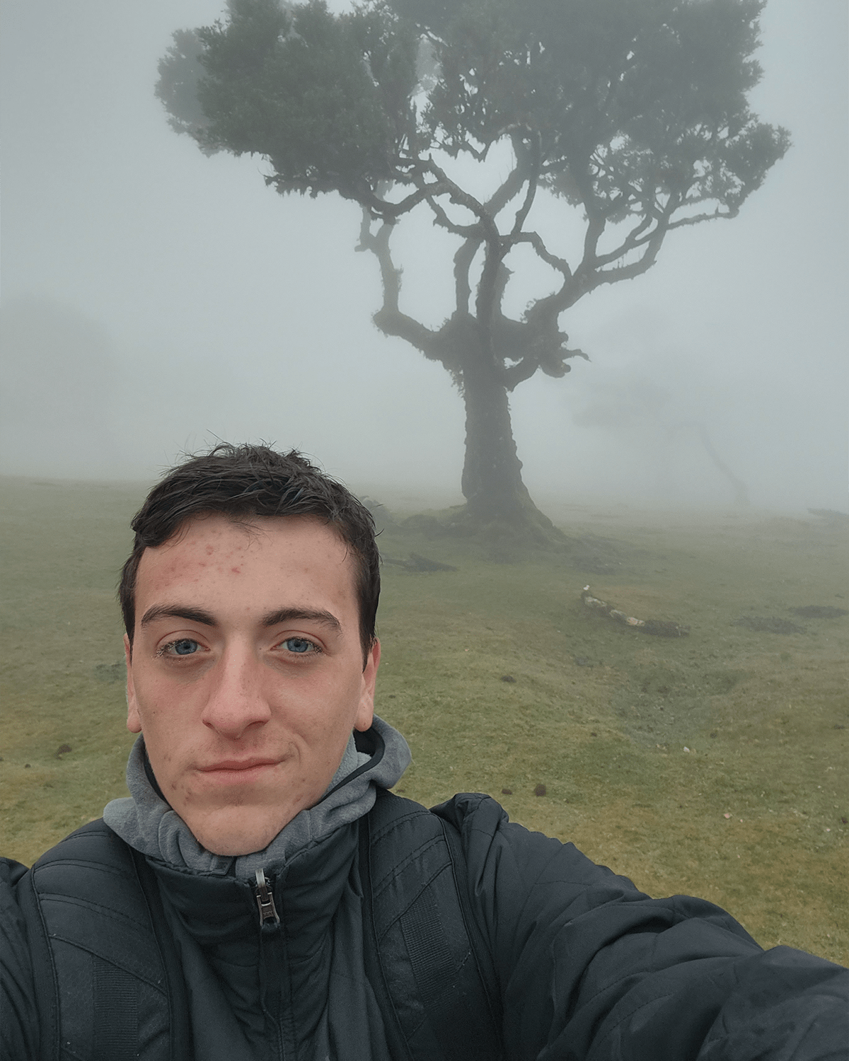 Zackrey gives a half-smile into the camera. A cork oak tree is seen through the fog behind him.