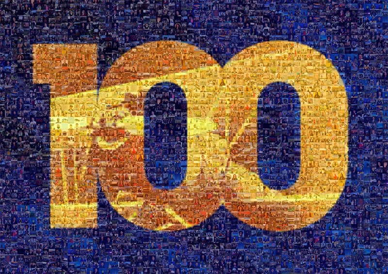 Image of the number 100 on a blue background, made up of many smaller images submitted by the Embry-Riddle community