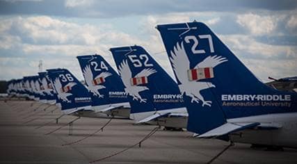 Tail wings for an Embry-Riddle airplane representing the contact information for the University.