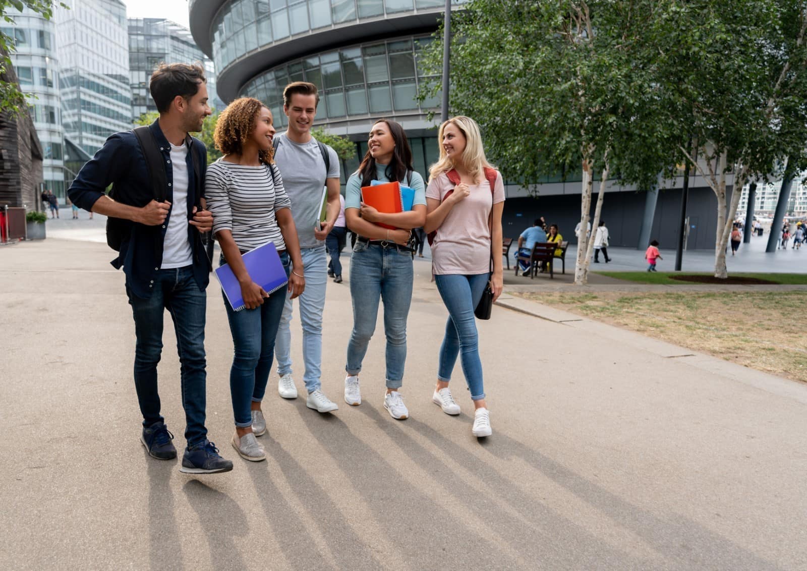 Group of students walking in a foreign city.