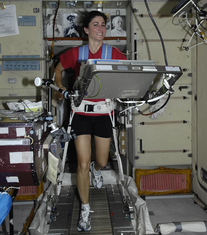 Embry-Riddle graduate and board member Nicole Stott works on a treadmill while on board the International Space Station. (Photo: Nicole Stott)