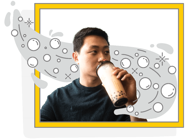 Joshua drinks from a travel cup, boba sitting at the bottom. The background is an illustration of bubbles floating and popping.