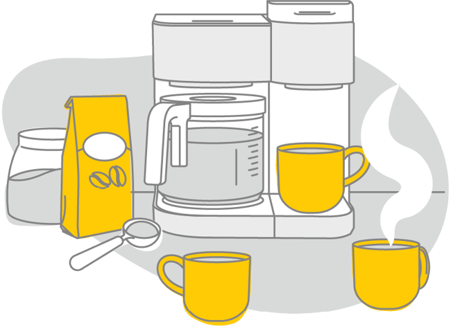 Illustration of a coffee maker and three mugs.