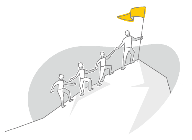 An illustration of a person standing at the top of a mountain planting a yellow flag, and reaching out to help three other people to the top.